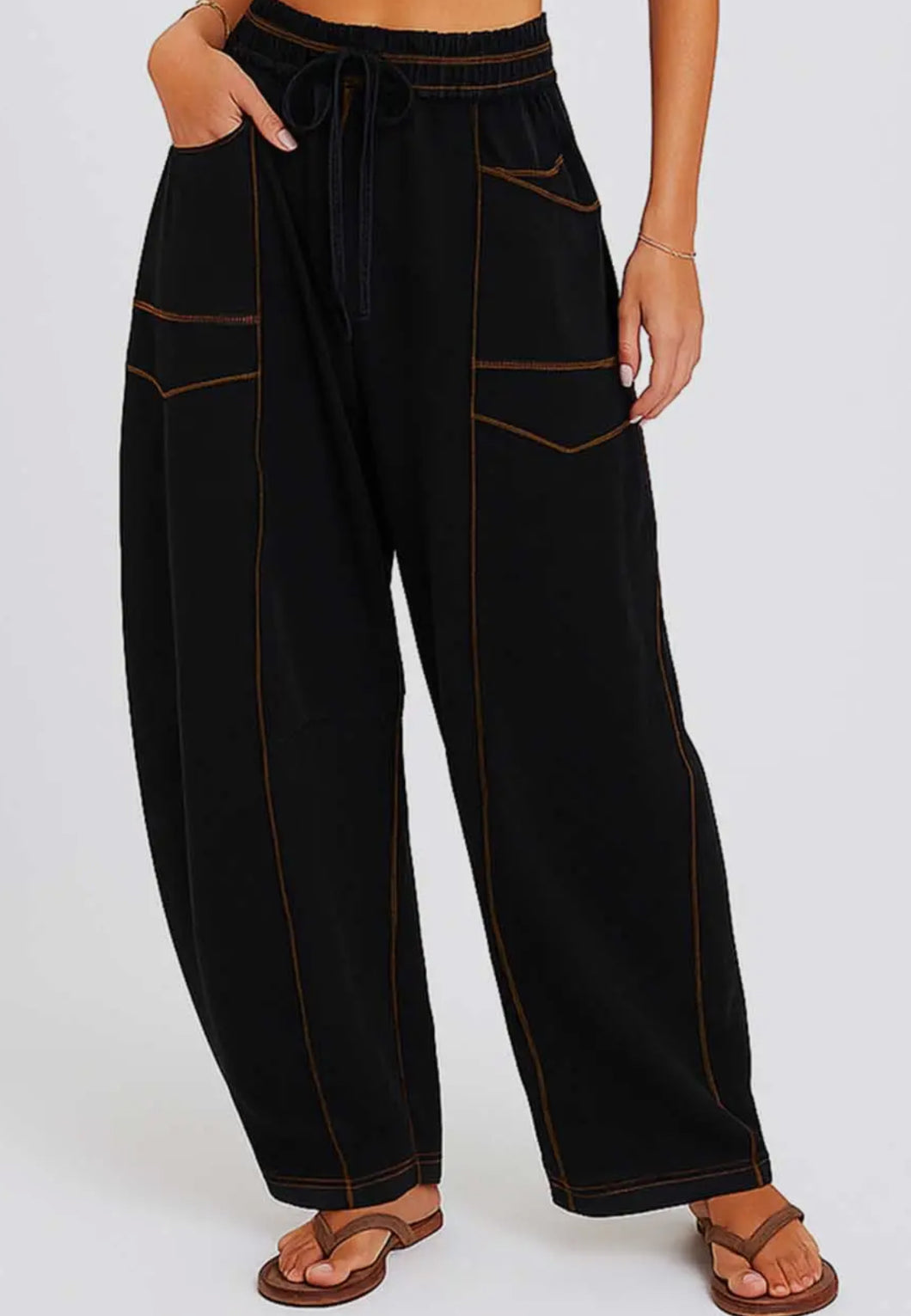 Bottoms - Elastic Waist Drawstring Barrel Pants