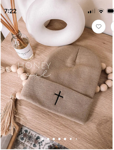 Accessories - Tan Embroidered Cross Knit Beanie