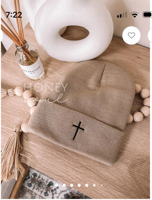 Accessories - Tan Embroidered Cross Knit Beanie