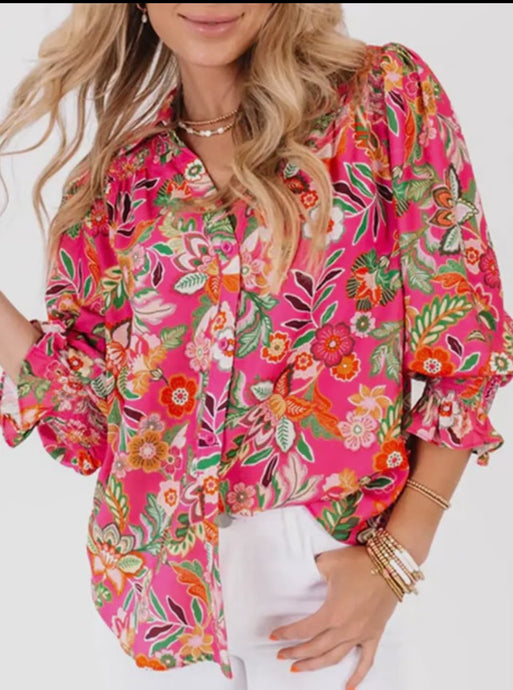 Tops- Hot Pink Button Down Floral Blouse