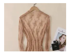 Tops - Coffee Lace Chiffon Mesh Top
