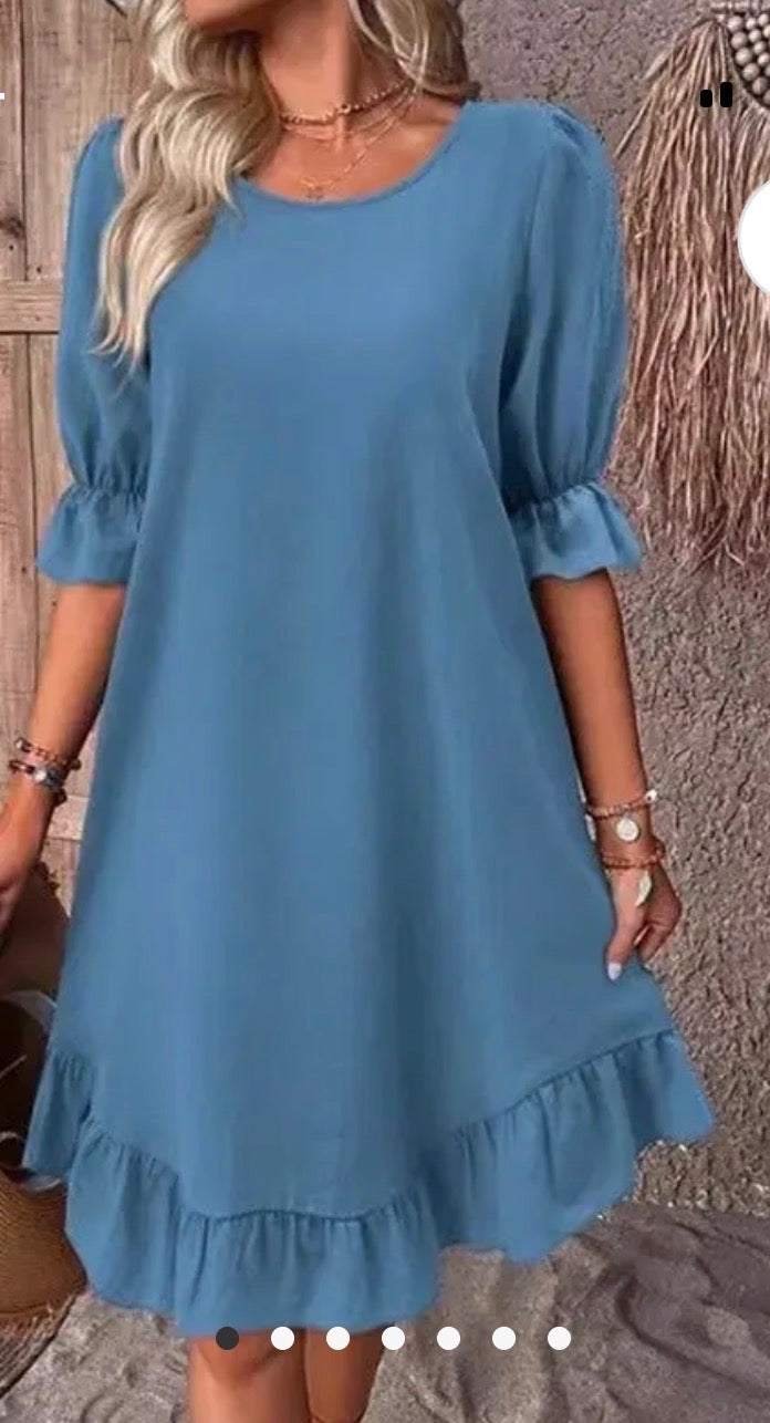 Dresses - Blue Round Neck Loose Fit with Half Sleeve