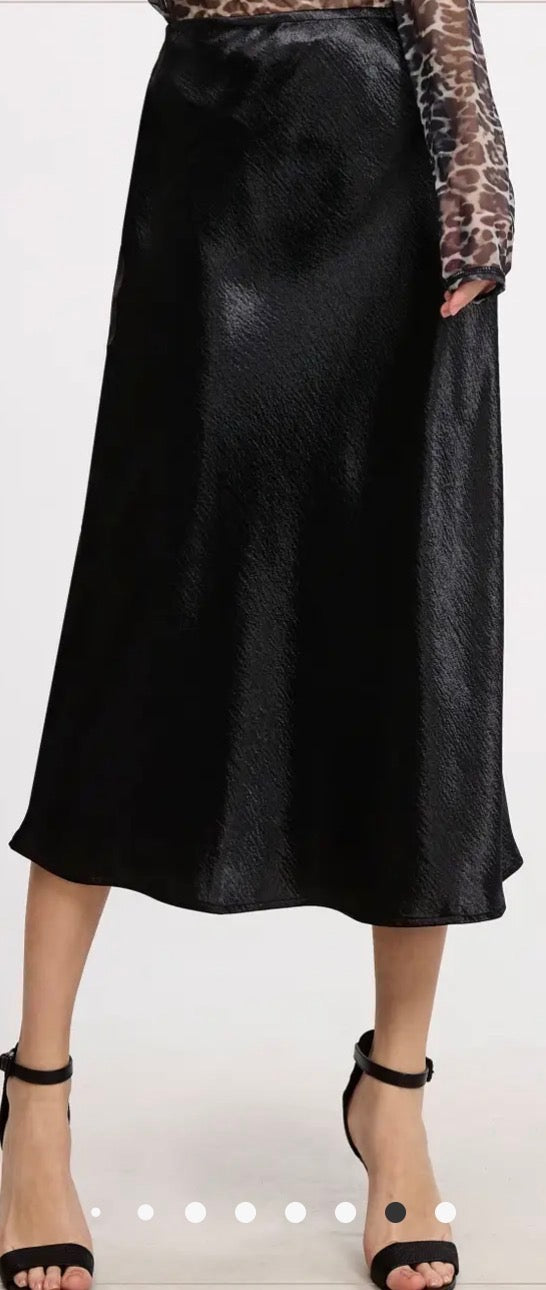Skirts - Black Satin Skirt Midi Length with Side Slit