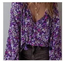 Tops - Boho Flower V-Neck Bubble Sleeve