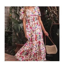 Load image into Gallery viewer, Dresses- High Waist V- Neck Floral Print with Flowing Sleeves