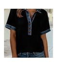 Tops - Knit Denim Contrast Trim Patchwork Button Polo Collar Top