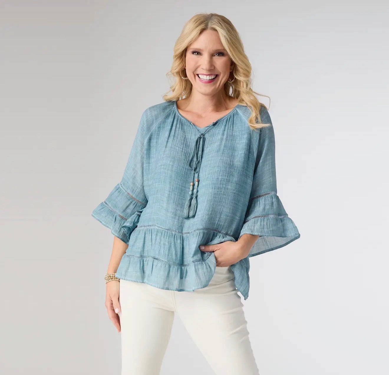 Tops - Coco & Carmen Blue Light & Breezy Flutter Sleeve Blouse