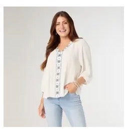 Tops - White V-Neck with Denim Blue Embroidery