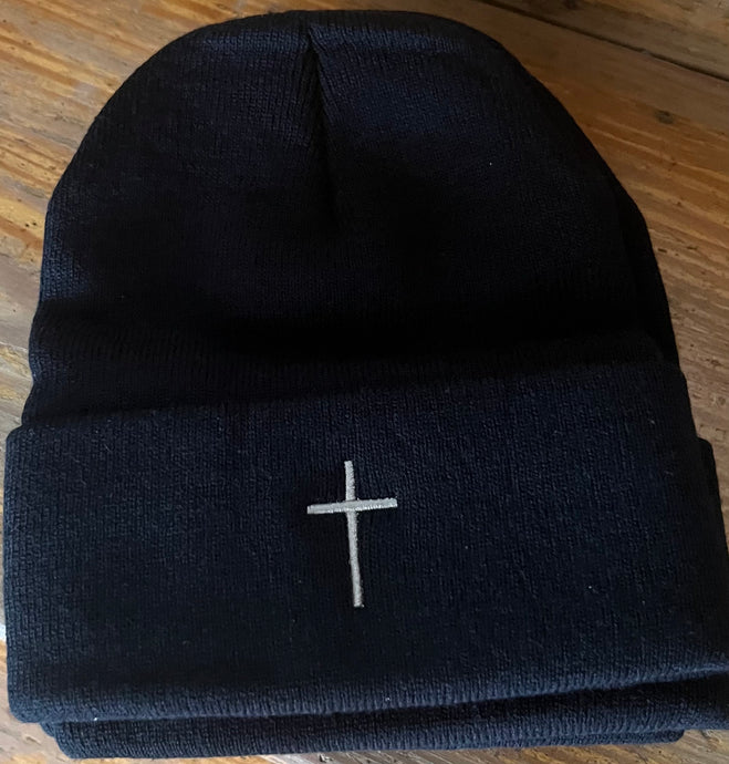 Accessories - Black Embroidered Cross Knit Beanie