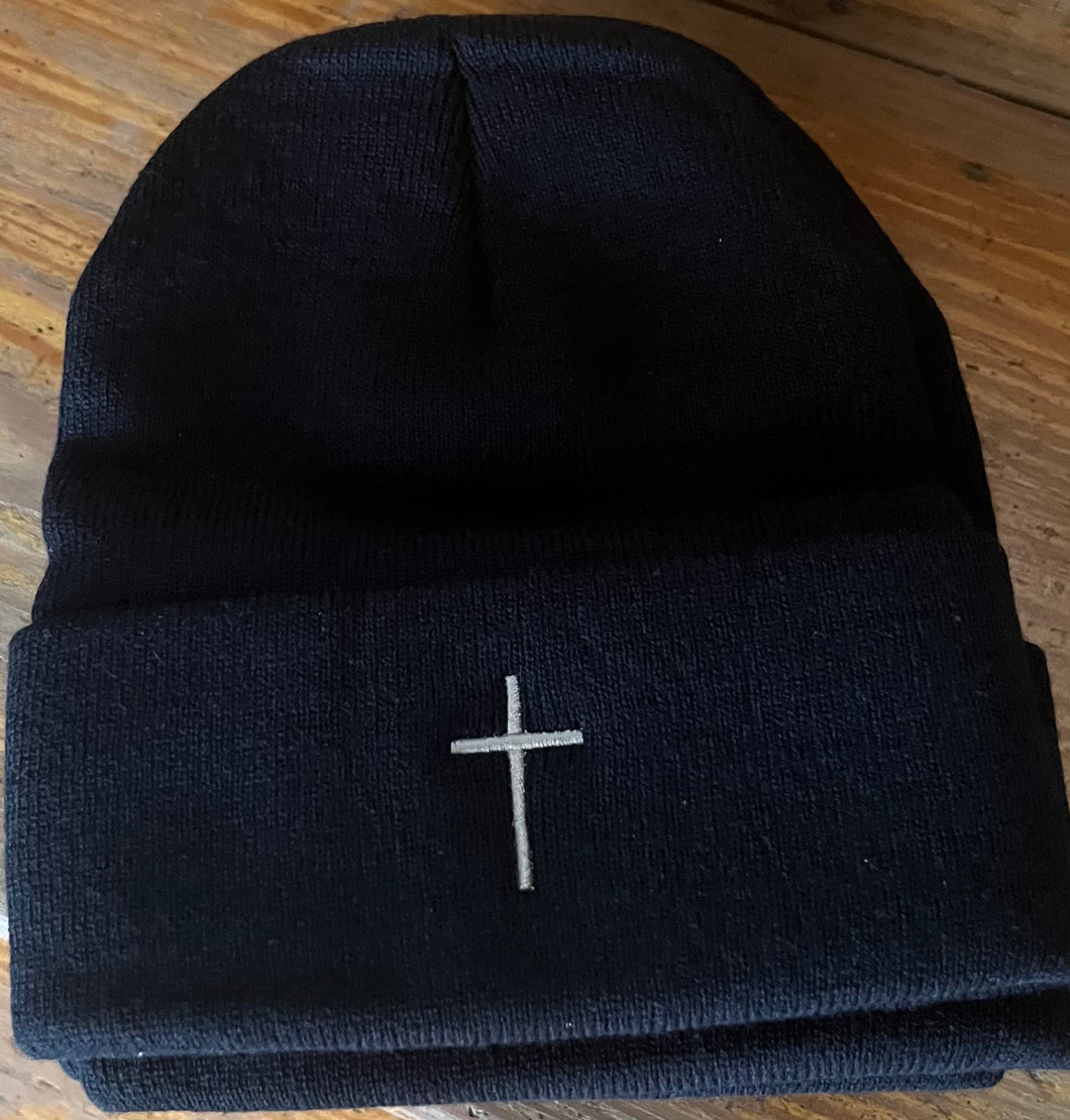 Accessories - Black Embroidered Cross Knit Beanie