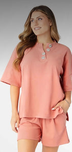 Tops - Coral Brushed Ribbed Short Sleeve Henley