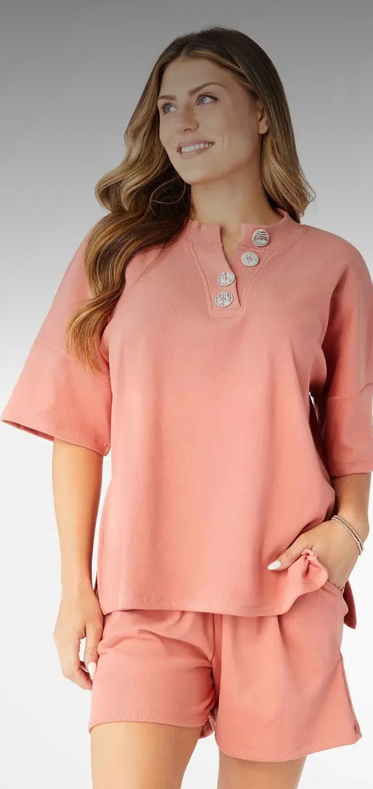 Tops - Coral Brushed Ribbed Short Sleeve Henley