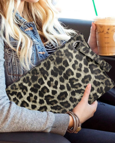 Accessories- Khaki Leopard Print Oversized Clutch