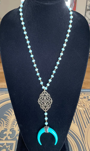 Accessories- Long Teal & Gold Beaded Necklace with Gold Design Pendant and Teal Bone